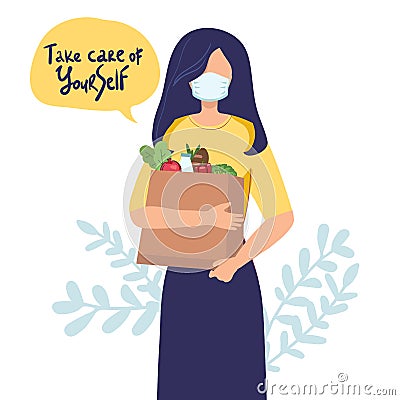 Young attractive fashionable woman in Medical mask for prevent virus Covid-19 holding packages with foods. Isolated Vector Illustration