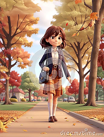 Young attractive girl with a bag walking to school in an autumn park, 3d illustration, AI rendering Cartoon Illustration