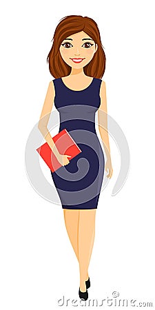 Young attractive girl employee of the office. A girl in a strict blue dress. Business and Finance Stock Photo