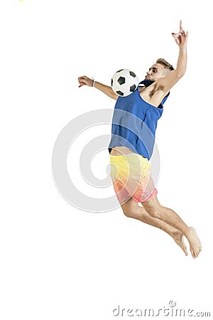 Young attractive guy playing with football isolated on white Stock Photo