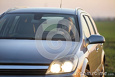 Young attractive long-haired smiling woman inside shiny silver car at steering wheel talking on mobile phone on gravel empty road Stock Photo