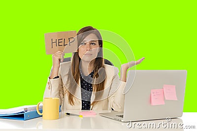 Young attractive sad and desperate businesswoman suffering stress at office laptop computer desk green croma key background Stock Photo