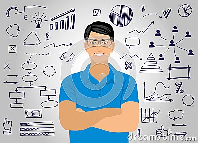 Young attractive smiling man with glasses against the background of the graphic elements Vector Illustration