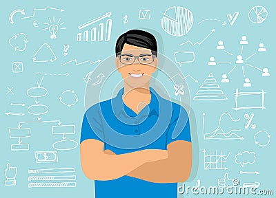 Young attractive smiling man with glasses against the background of the graphic elements, symbols, circle, scribbling, select the Vector Illustration