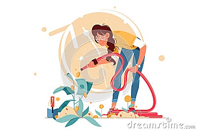 Young attractive smiling successful woman shower coins investments. Vector Illustration