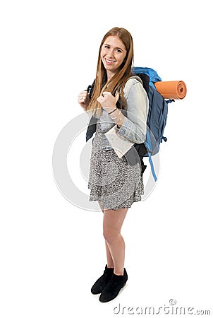 Young attractive tourist woman smiling happy carrying backpack and city map on holidays tourism concept Stock Photo