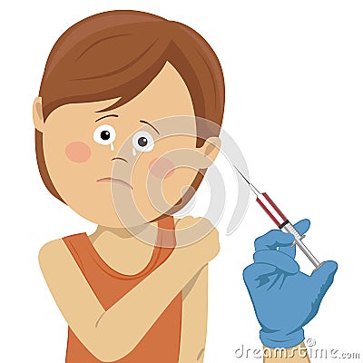 Young attractive unhappy woman being vaccinated. Vector Illustration