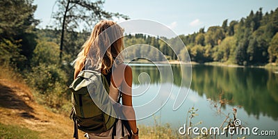 young attractive woman hiker with backpack near mountain lake. AI Generated Stock Photo