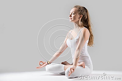 Young attractive woman in Padmasana pose with mudra, grey studio Stock Photo