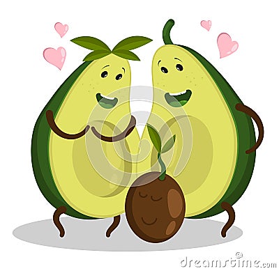 Young avocado family couple looks at newborn baby with tenderness. Birth of children, relationships in family. Cartoon vector Vector Illustration