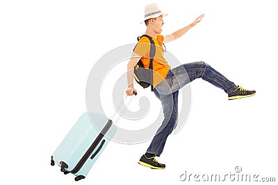 Young backpacker making a funny walking pose Stock Photo