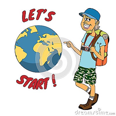 Young backpacker ready to journey around the globe Vector Illustration