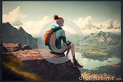 Young backpacker sitting on peak mountain rock edge background. Stock Photo