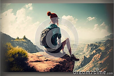 Young backpacker sitting on peak mountain rock edge background. Stock Photo