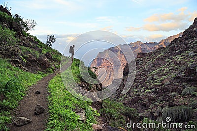 Young backpacker trekking in the canyon on Gran Canaria. Editorial Stock Photo