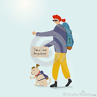 Young backpacking adventurous woman with a dog and hitchhiking on the road. Cartoon and Illustration vector Vector Illustration