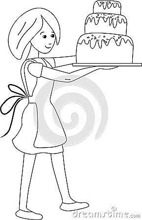 Young baker carrying big chocolate cake. Lifestyle and hobby. Black and white contour linear version. Illustration can be used for Vector Illustration