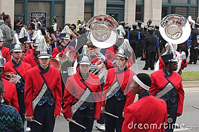 Young band members in a marching band in the Cherry Blossom Festival in Macon, GA Editorial Stock Photo