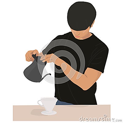 Young barista man. Barista pouring coffee to serve their customer Stock Photo