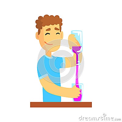 Young bartender man character standing at the bar counter pouring alcoholic beverage Vector Illustration