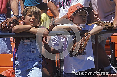 Young baseball fans watching game at Candlestick Park, San Francisco, CA Editorial Stock Photo