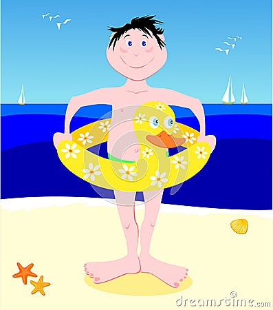 Young bather with lifesaver shaped duck Vector Illustration