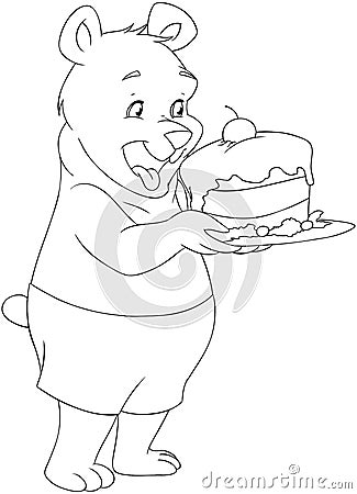 Young Bear Holding A Cake Coloring Page Vector Illustration