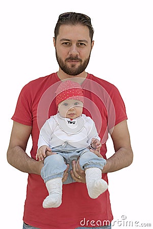 Young beard father and his baby girl isolated on white Stock Photo