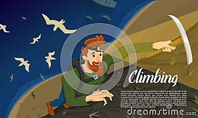Young bearded hipster climber with Ice axe. Climbing a mountain at night. Activity Sport concept for poster. Tourist Vector Illustration