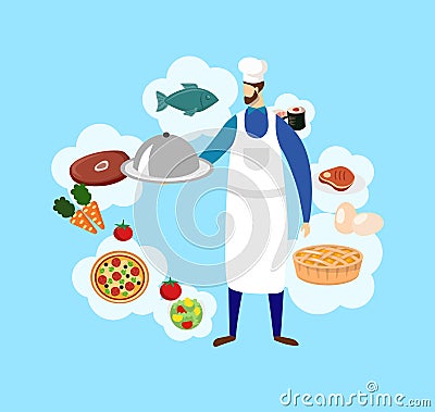 Young Bearded Male Chef in Toque and Food Icons. Vector Illustration