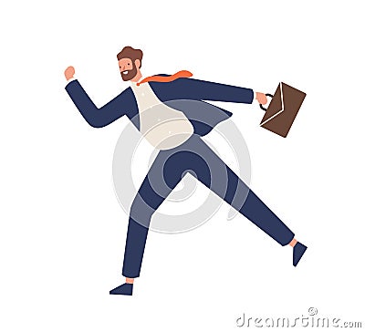 Young bearded male in suit running hold suitcase vector flat illustration. Active funny businessman in hurry or haste Vector Illustration