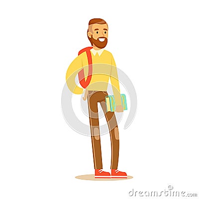 Young bearded man in casual clothes with backpack standing and holding book in his hand. Student lifestyle colorful Vector Illustration