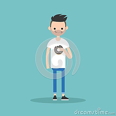 Young bearded man chewing a chocolate donut / flat editable vector illustration Vector Illustration