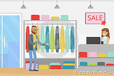 Young Bearded Man in Fashion Store Choosing Shirt Doing Shopping Vector Illustration Vector Illustration