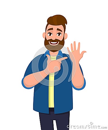 Young bearded trendy man showing wedding ring and pointing hand finger. Male character design illustration. Modern lifestyle. Vector Illustration