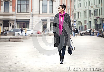 Young beautiful asian woman in stylish gray coat Stock Photo