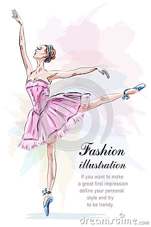 Young and beautiful ballerina posing and dancing in fashion pink dress. Vector Illustration