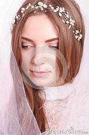 Young beautiful blond fiancee portrait with white veil. Stock Photo
