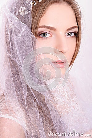 Young beautiful blond fiancee portrait with white veil. Stock Photo