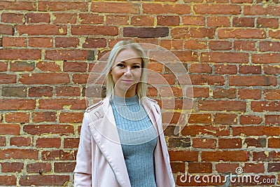 Young beautiful blonde woman standing against brick wall Stock Photo