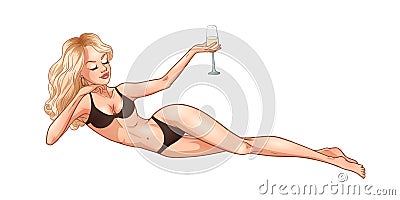 Young beautiful blonde woman in swimsuit holding a champagne glass. Summer holidays party girl. Glamour pin-up model. Vector comic Vector Illustration