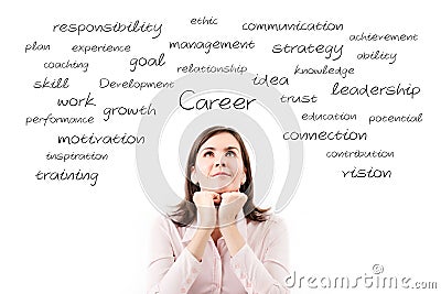 Young beautiful business woman dreaming her career concept. Stock Photo