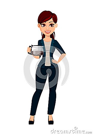 Young beautiful business woman holds coffee pot. Vector Illustration