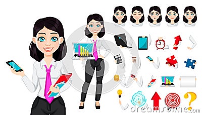 Young beautiful business woman, pack of emotions and things. Vector Illustration