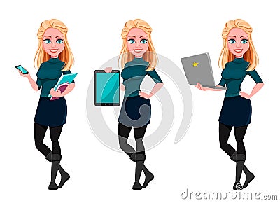 Young beautiful business woman, set of three poses Vector Illustration