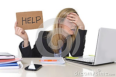 Young beautiful business woman suffering stress working at office asking for help feeling tired Stock Photo