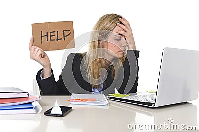 Young beautiful business woman suffering stress working at office asking for help feeling tired Stock Photo