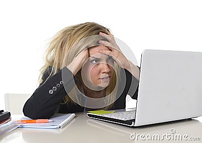 Young beautiful business woman suffering stress working at office frustrated and sad Stock Photo