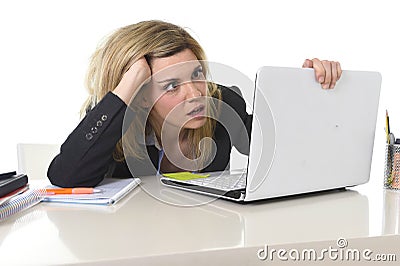 Young beautiful business woman suffering stress working at office frustrated and sad Stock Photo