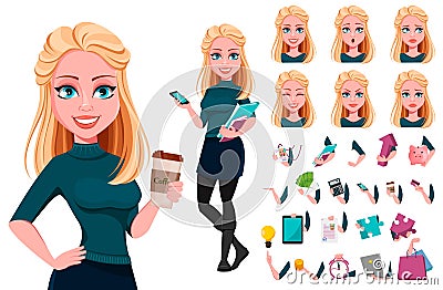 Young beautiful business womanYoung beautiful business woman, pack of body parts, emotions and things. Vector Illustration